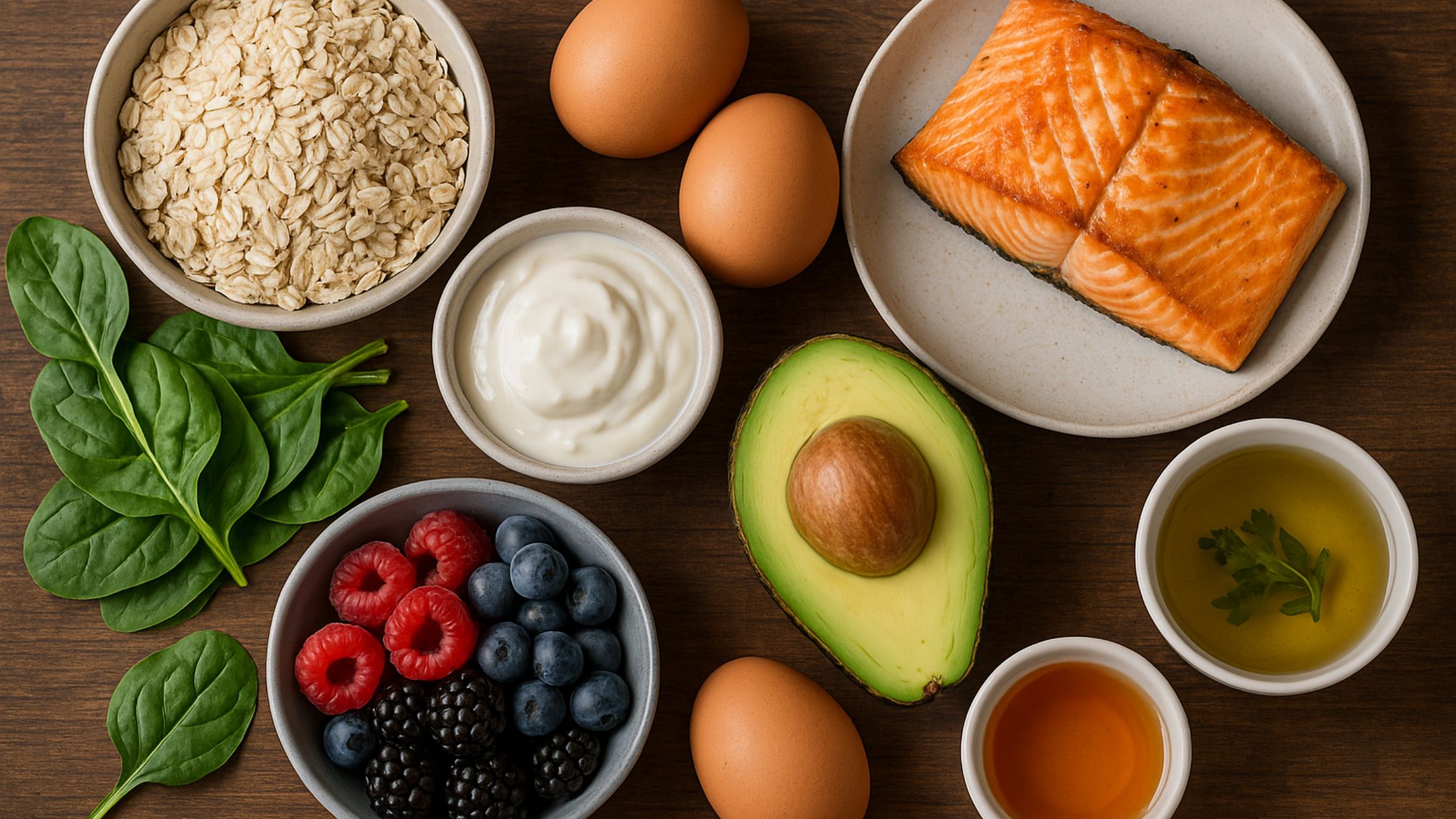 10 powerful Foods to Lose Weight including salmon, oats, avocado, spinach, eggs, berries, and Greek yogurt.