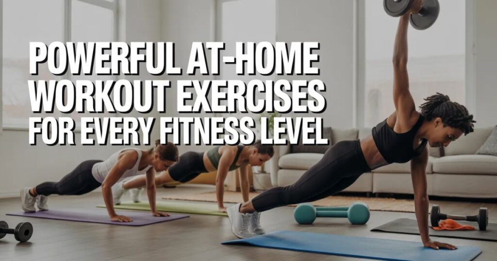 Woman performing plank with icons of various bodyweight exercises, representing at-home workout exercises.