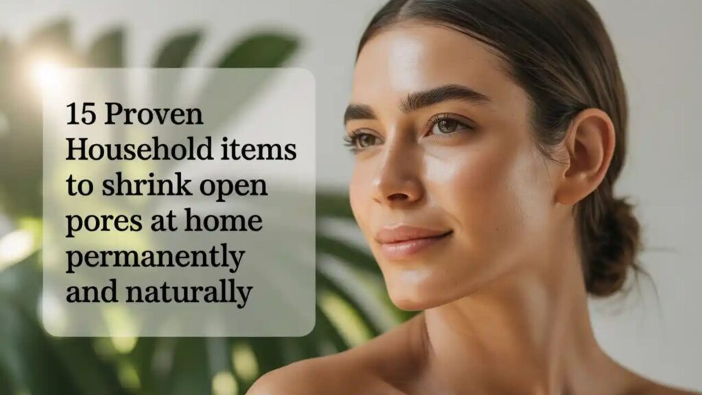 Woman with smooth glowing skin after using household items to shrink open pores at home permanently and naturally.
