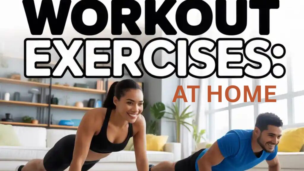 Woman performing plank with icons of various bodyweight exercises, representing at-home workout exercises.