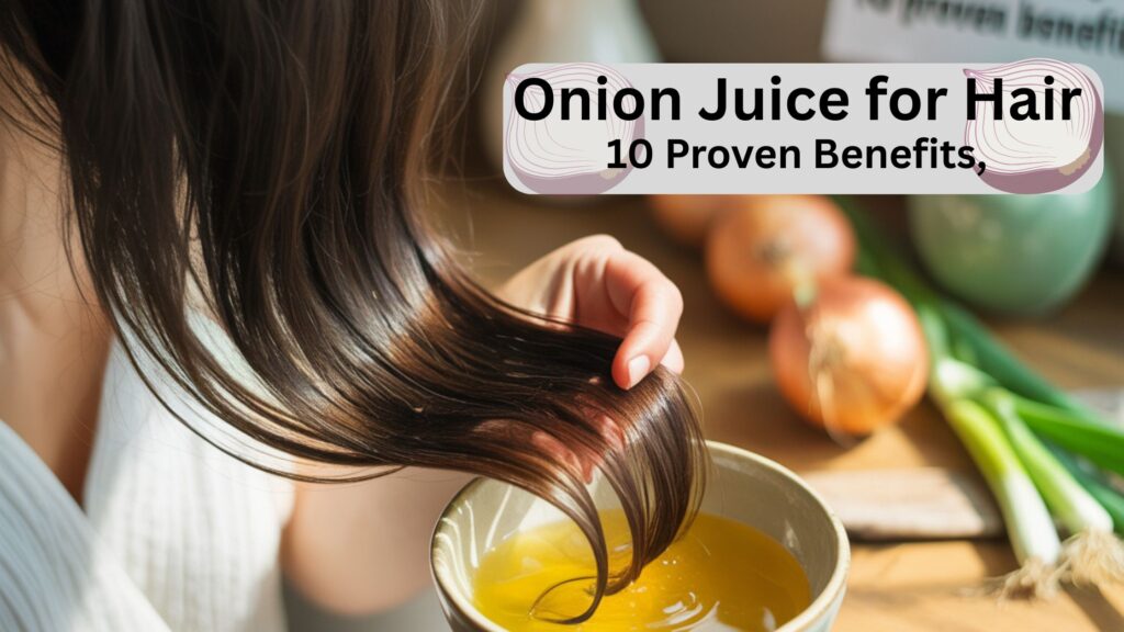 Woman applying red onion juice to scalp for natural hair growth and care