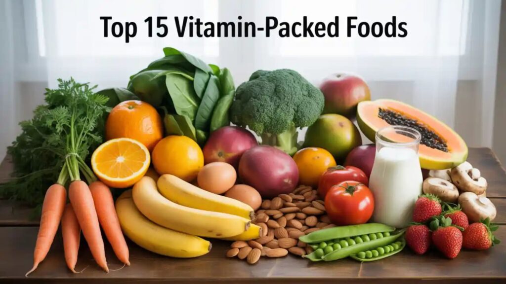 Top 15 vitamin-packed foods including fruits, vegetables, milk, and nuts for all ages