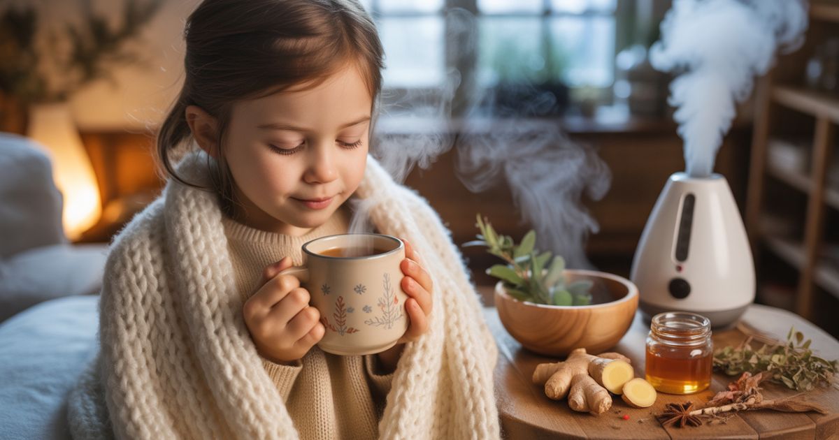 Child using natural winter cough and chest congestion remedies like warm tea, steam, and a humidifier.