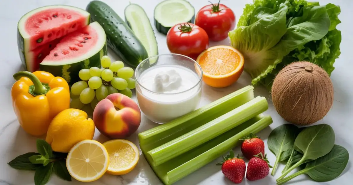 Fresh summer hydration foods including watermelon, cucumber, oranges, and yogurt on a healthy table