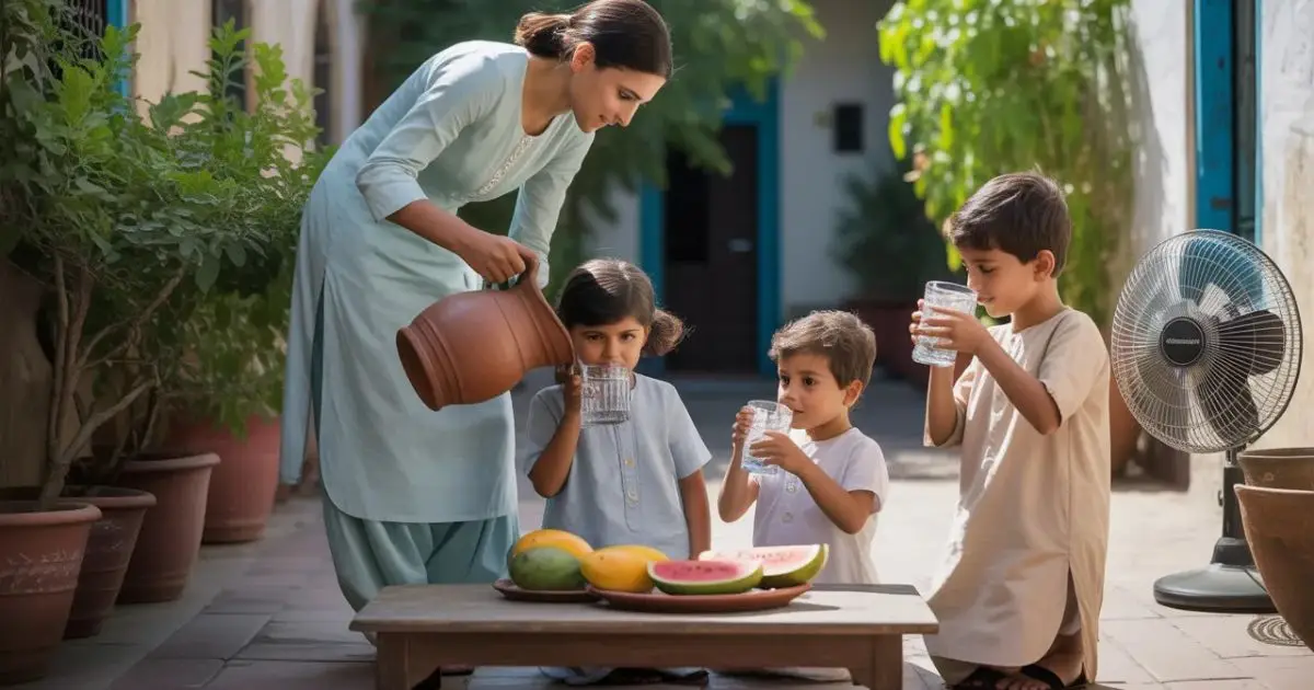 Summer health tips in Pakistan showing a family staying hydrated during hot weather