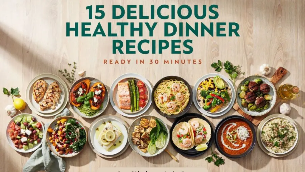 Healthy dinner recipes with grilled chicken, salmon, vegetables, quinoa, and fresh salad served on a dinner table.