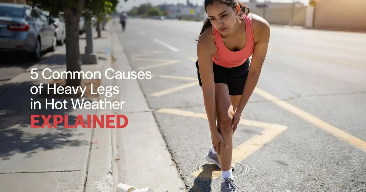 Heavy legs in hot weather shown by a woman experiencing leg discomfort outdoors on a warm day
