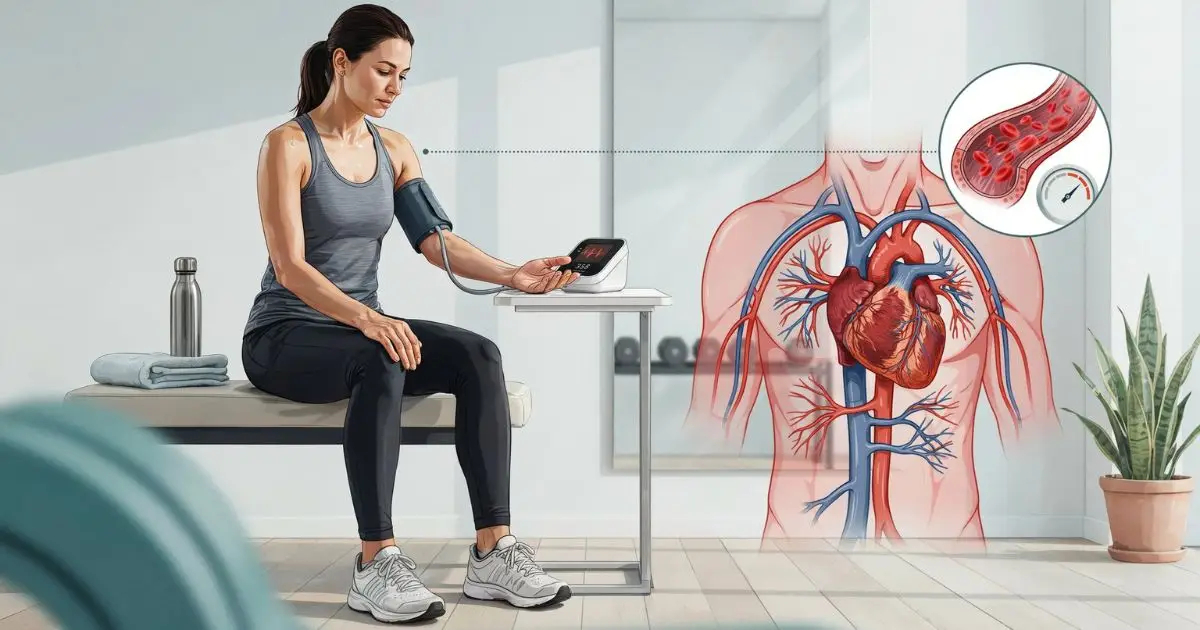 Person checking high blood pressure after exercise while monitoring heart health and workout recovery