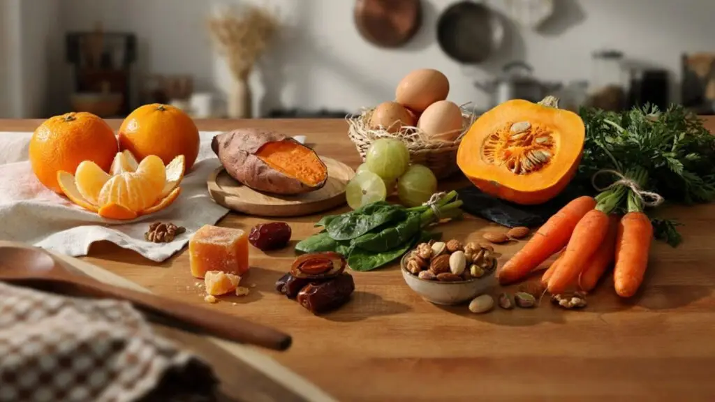 Healthy pre-winter foods for kids with sweet potatoes, eggs, oranges, leafy greens, nuts, and seasonal fruits on a wooden table.