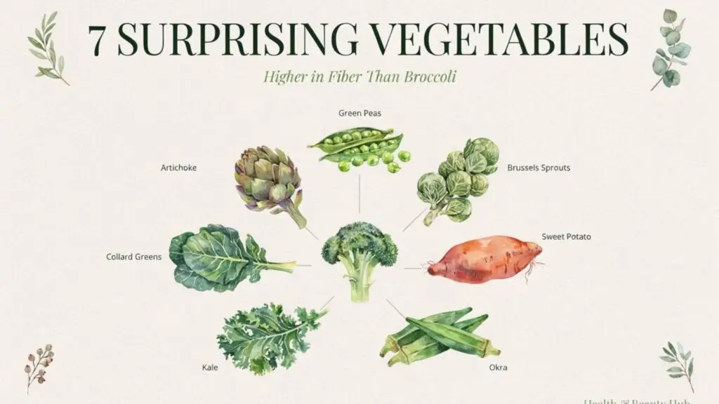 7 surprising vegetables higher in fiber than broccoli, including green peas, artichokes, Brussels sprouts, collard greens, sweet potatoes, kale, and okra.