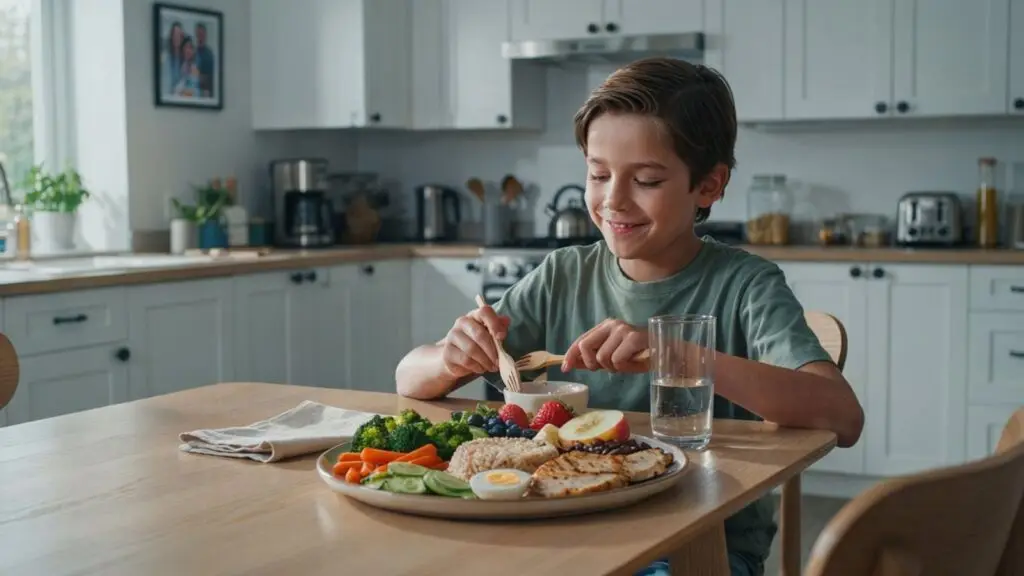 A balanced diet for a child of 5 to 12 years with healthy foods including fruits, vegetables, whole grains, dairy, and lean protein
