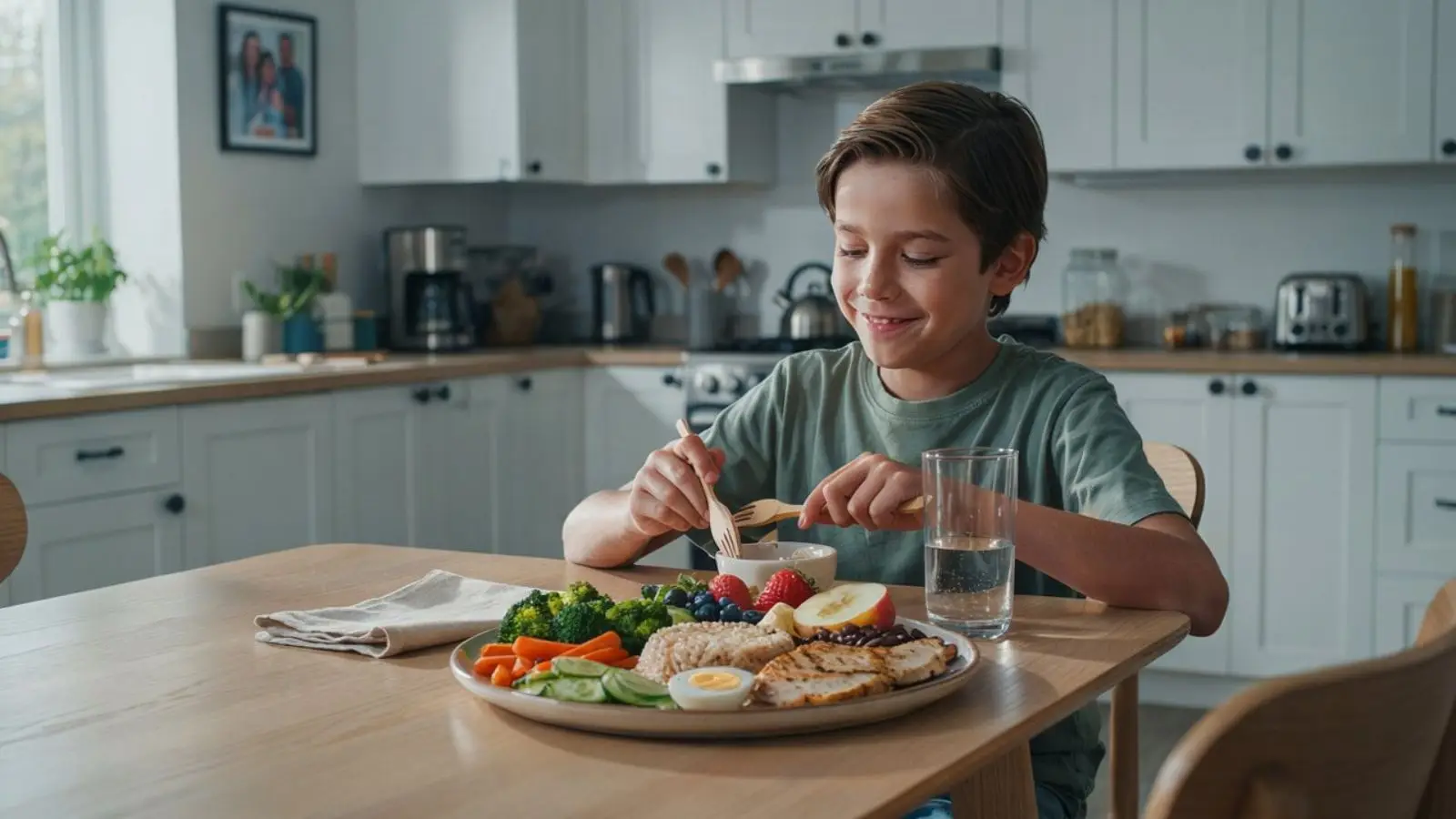 A balanced diet for a child of 5 to 12 years with healthy foods including fruits, vegetables, whole grains, dairy, and lean protein
